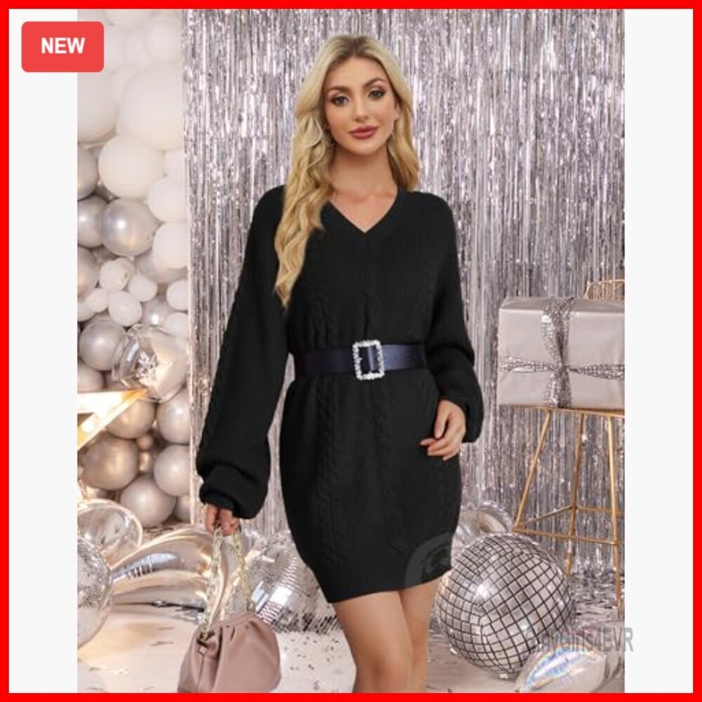 V-Neck Lantern Sleeve Mini Sweater Dress Pullover Knit Fall Winter Casual - Picture 3 of 7